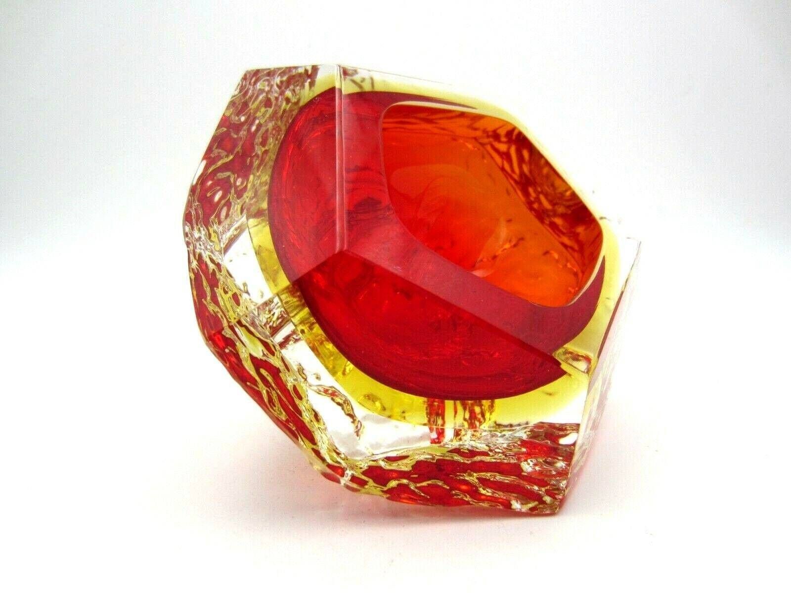 Murano Art Glass Sommerso Mandruzzato Faceted Red And Amber Ice Glass Bowl