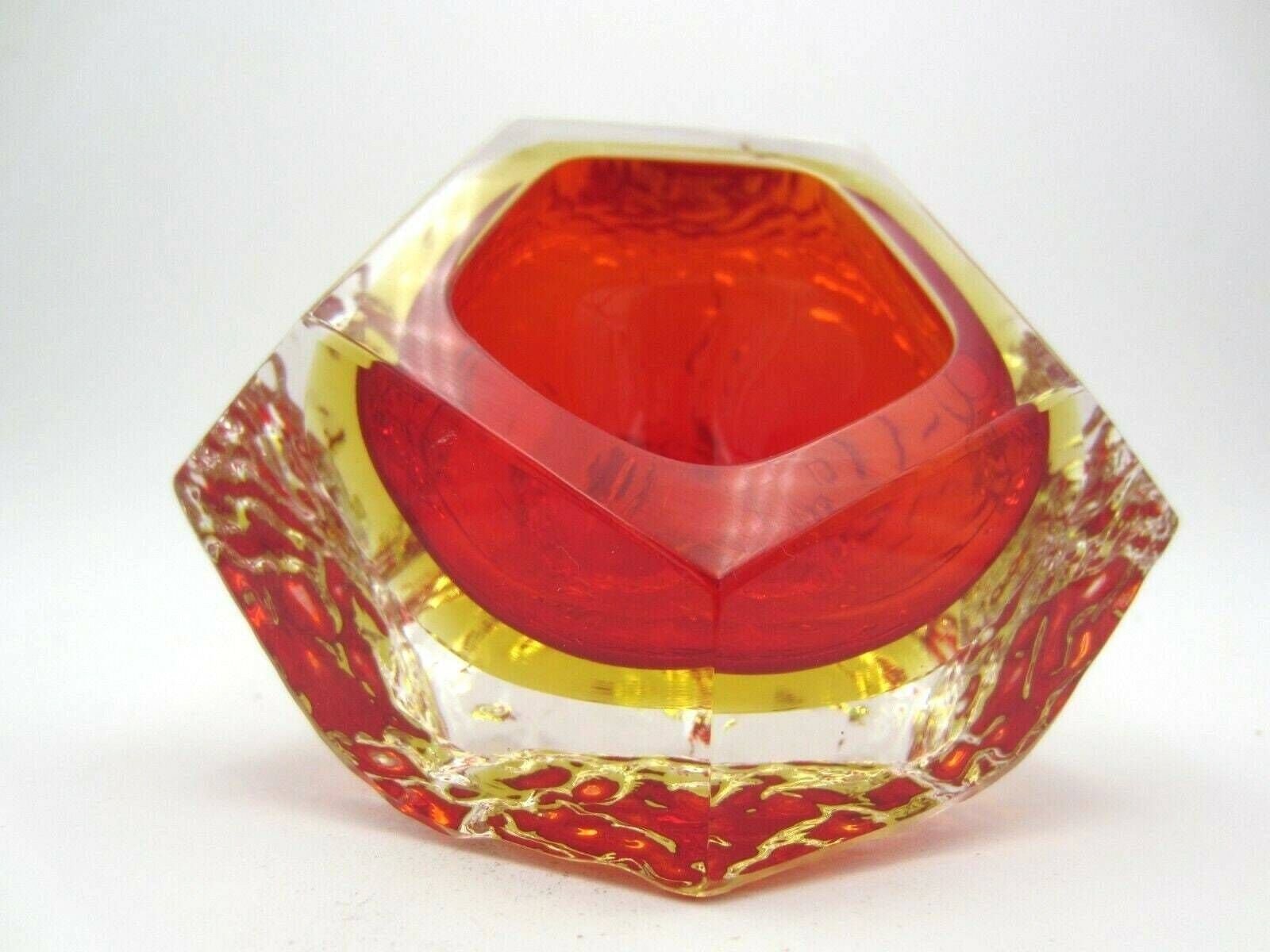 Murano Art Glass Sommerso Mandruzzato Faceted Red And Amber Ice Glass Bowl photo furniture