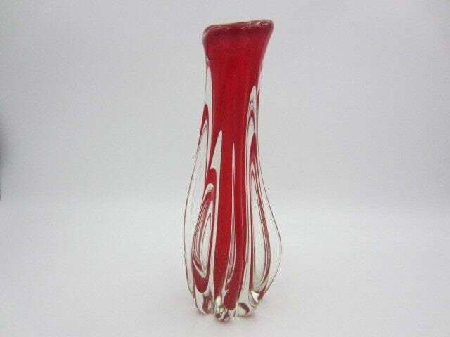 Mcm Italian Murano Bright Red Art Glass Pulled Rib Sommerso Vase C1960s photo 74.0