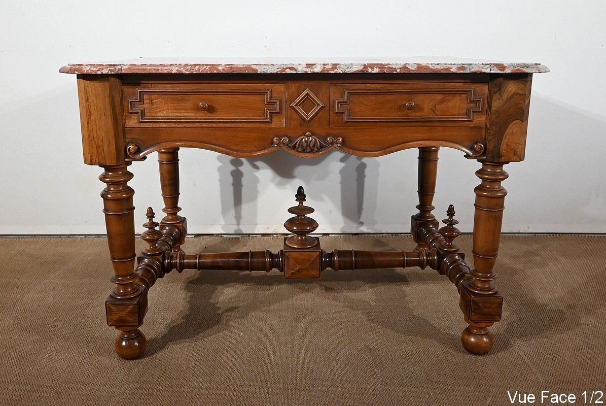 Game Table In Solid Walnut And Incarnat Turquin Marble, Louis XIII Style, Early 20th Century photo buy