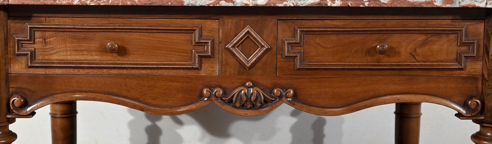 Game Table In Solid Walnut And Incarnat Turquin Marble, Louis XIII Style, Early 20th Century photo vintage