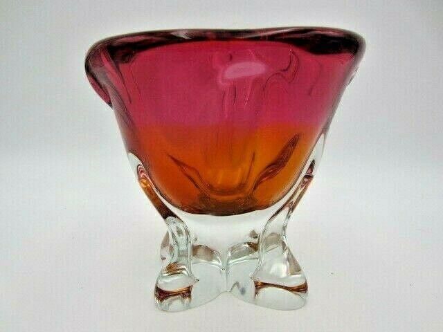 Hand Crafted Chribska Art Glass Vase Pink And Amber Czech