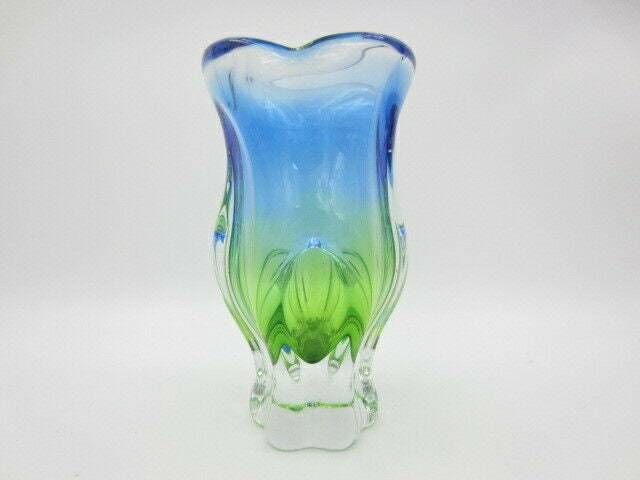Beautiful Chribska Acid Green And Blue Sommerso Art Glass Tulip Vase photo furniture