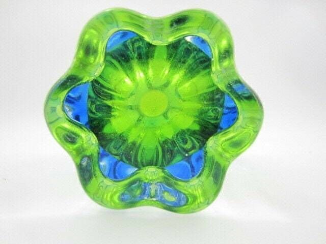 photo for sale Beautiful Chribska Acid Green And Blue Sommerso Art Glass Tulip Vase