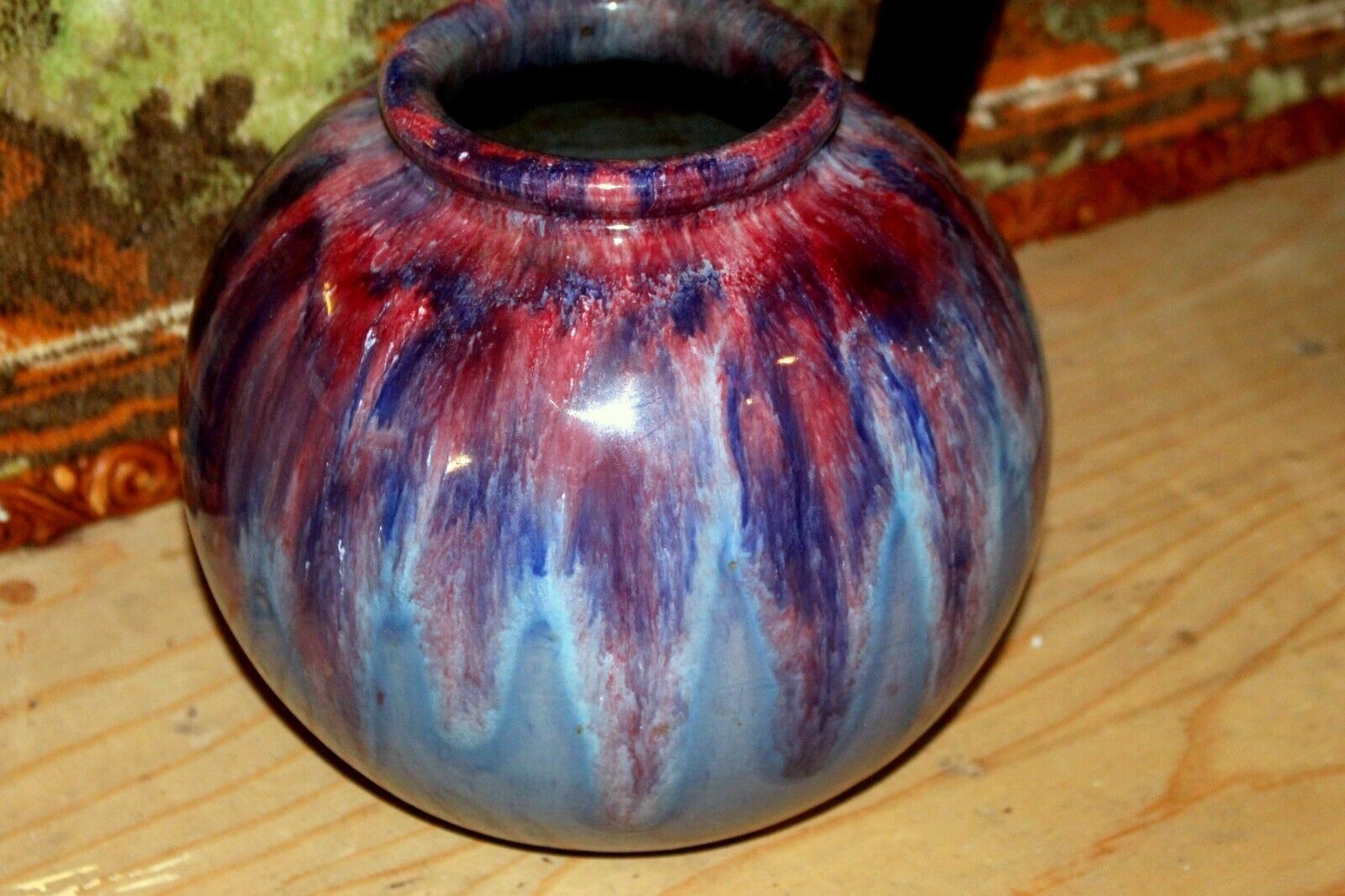 89.0 French Pottery Ceramic Heavy Bulbous Vase Glazed In Blue Colorful From 1940 photo