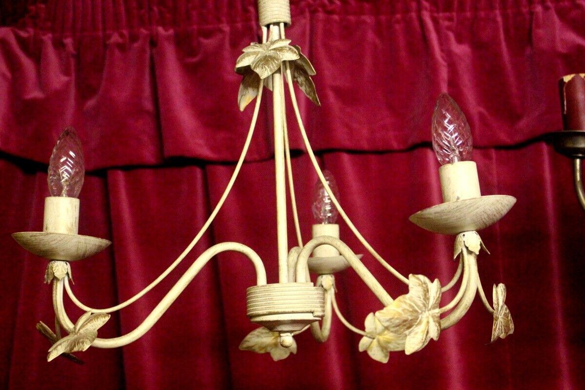 Italian Metal Tole Were Beige Chandelier 3 Arms With Golden Leaves