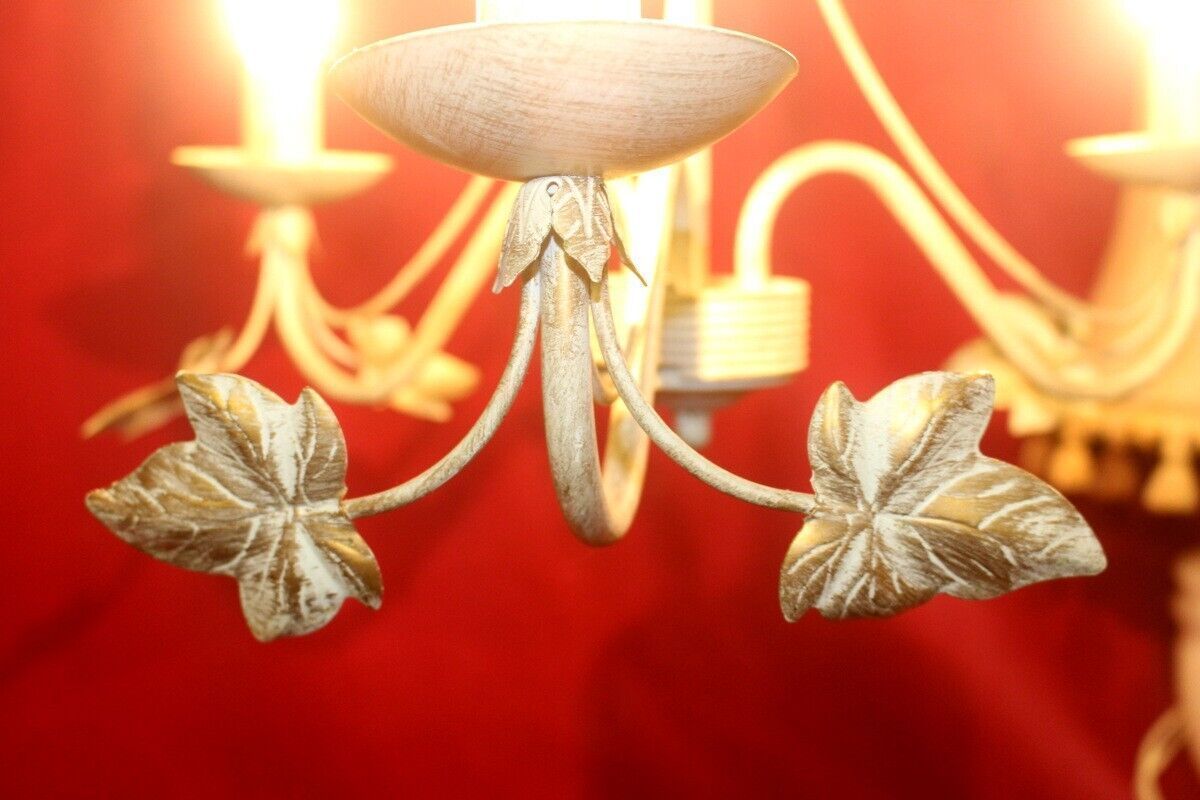 Italian Metal Tole Were Beige Chandelier 3 Arms With Golden Leaves photo 107.0