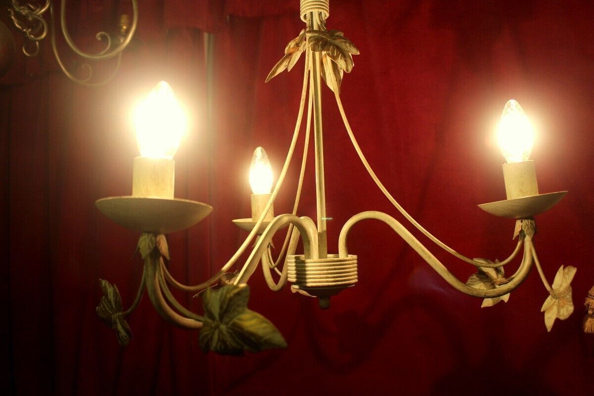 Italian Metal Tole Were Beige Chandelier 3 Arms With Golden Leaves photo vinterior