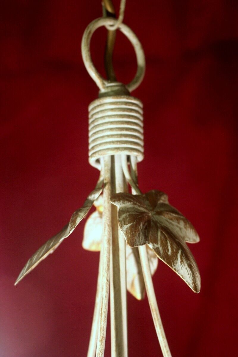 Italian Metal Tole Were Beige Chandelier 3 Arms With Golden Leaves photo buy