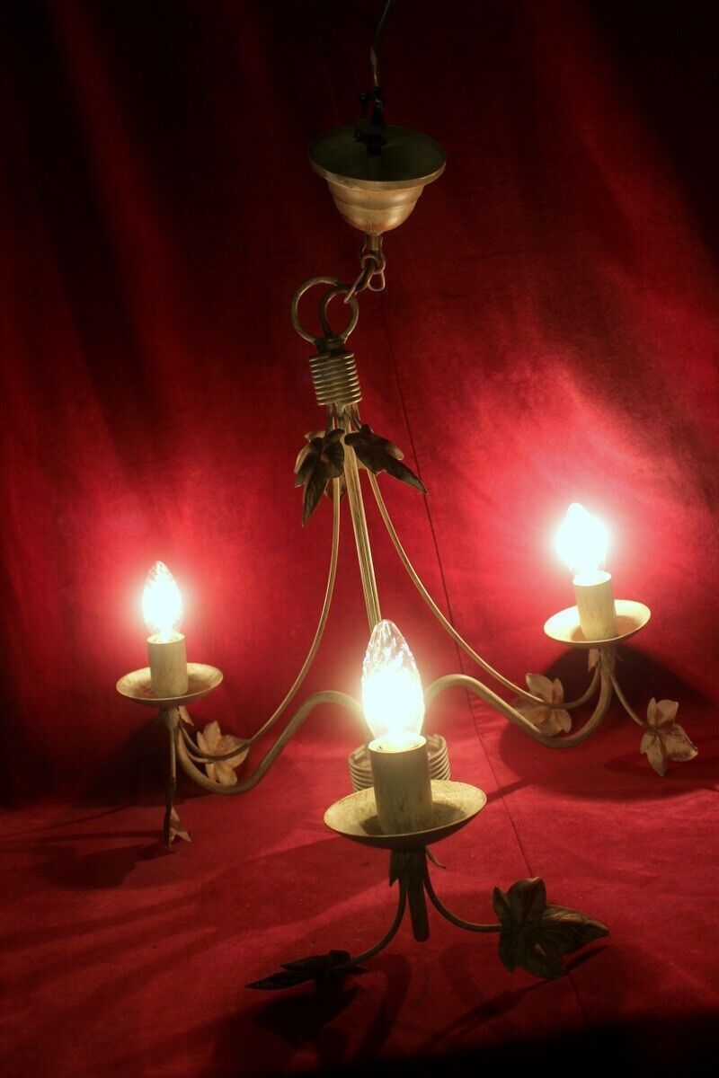 Lighting Italian Metal Tole Were Beige Chandelier 3 Arms With Golden Leaves photo