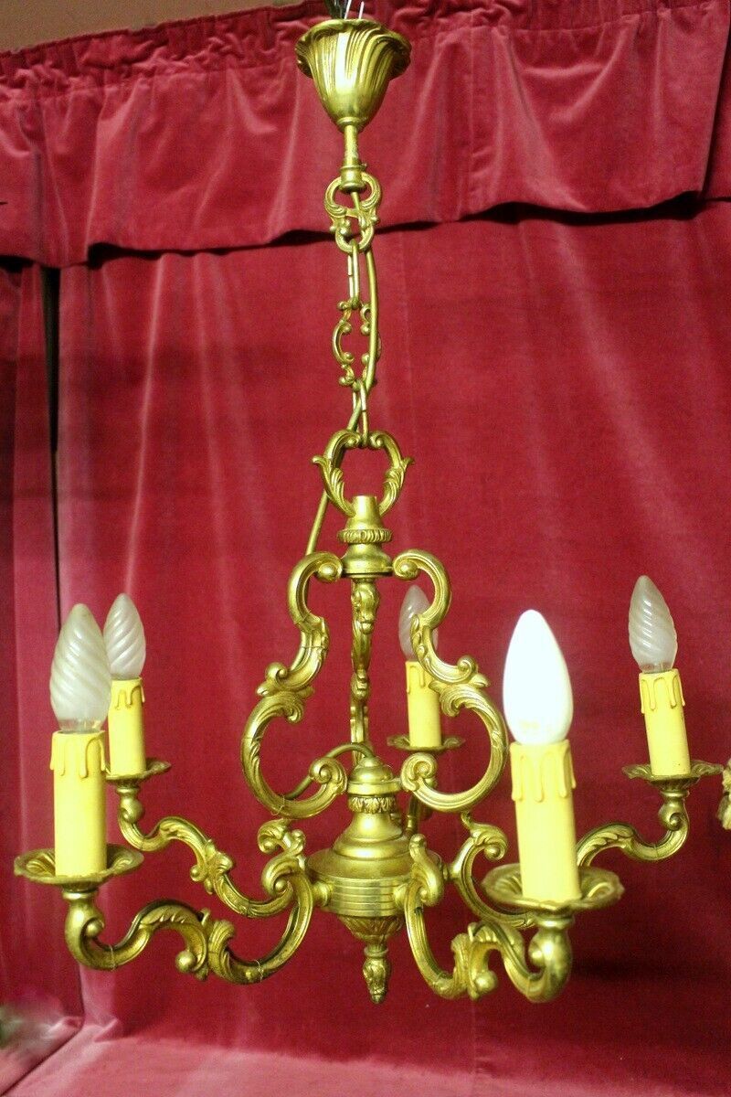 Heavy French Vintage Embossed Brass Chandelier Rococo Bird Cage Style 5 Arms