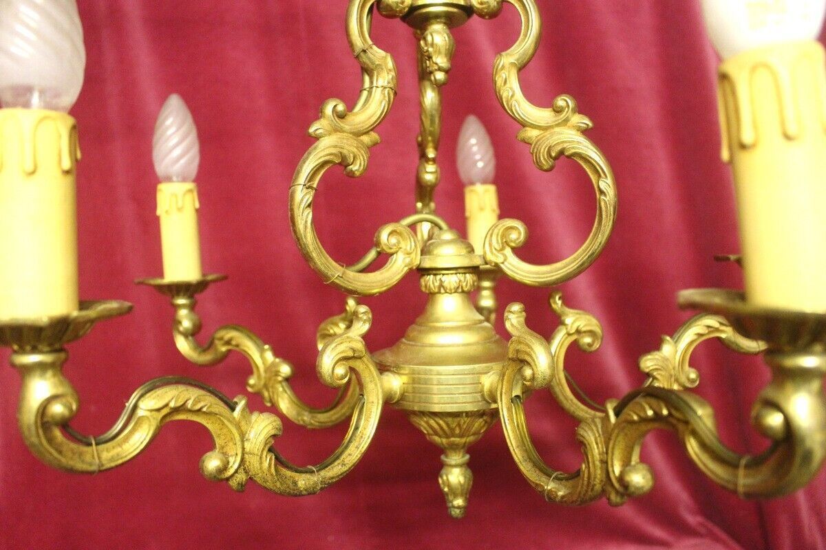 343.0 Heavy French Vintage Embossed Brass Chandelier Rococo Bird Cage Style 5 Arms photo