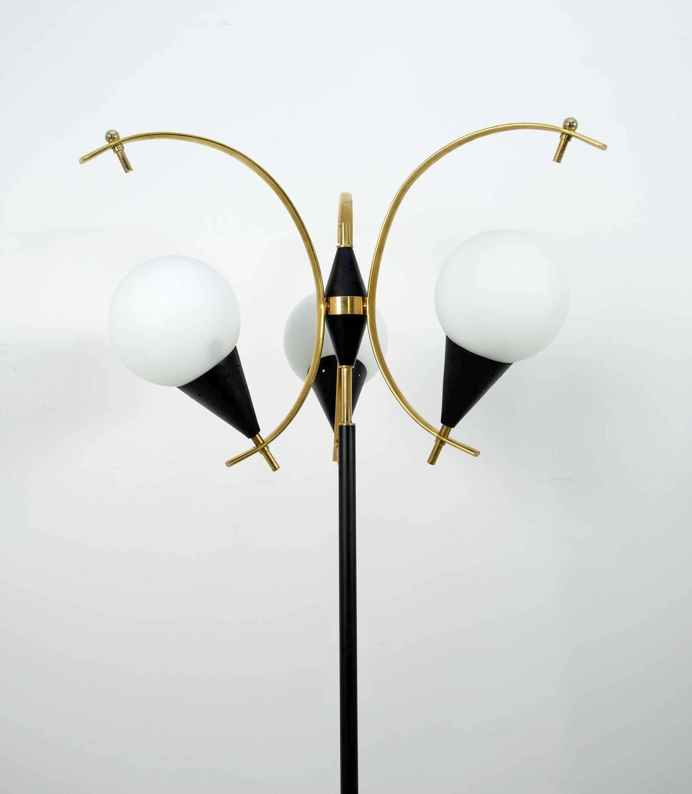 Stilnovo Mid Century Modern Italian Brass And Opaline Glass Floor Lamp, 1950s photo for sale
