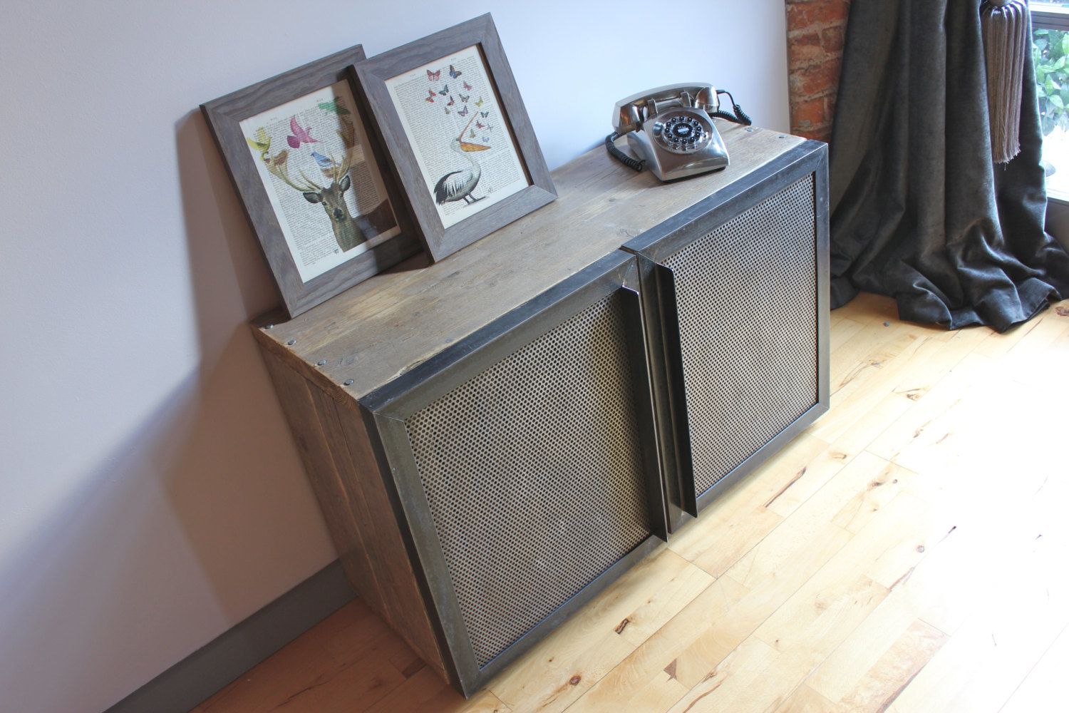 Sam Reclaimed Scaffolding Board Media Unit With Slatted Wood And Perforated Steel Clad Doors   Bespoke Furniture photo Furniture