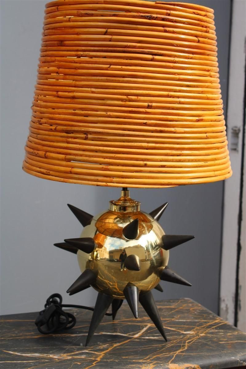 Extraordinary Pair Of Table Lamps With Central Mina Dome In Bamboo 1950s Sputnik photo vinterior