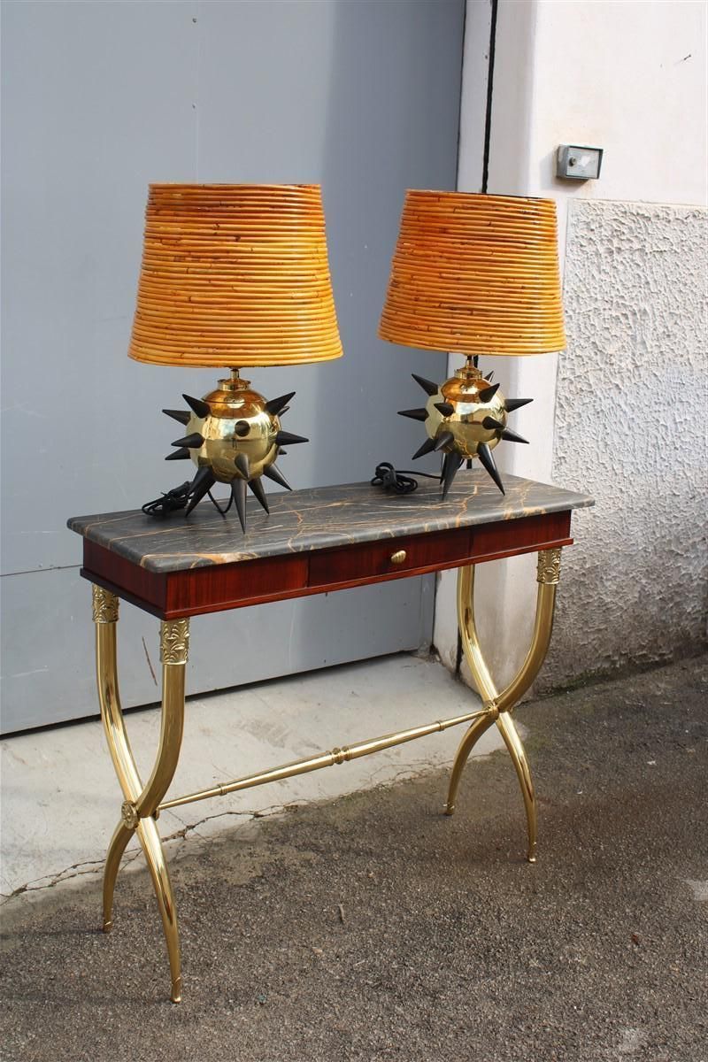 Extraordinary Pair Of Table Lamps With Central Mina Dome In Bamboo 1950s Sputnik photo buy