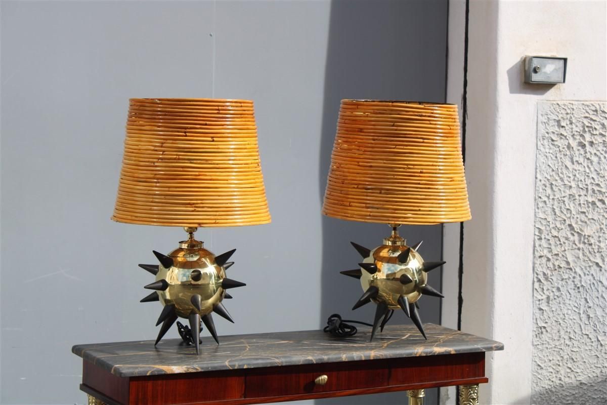 photo vintage Extraordinary Pair Of Table Lamps With Central Mina Dome In Bamboo 1950s Sputnik