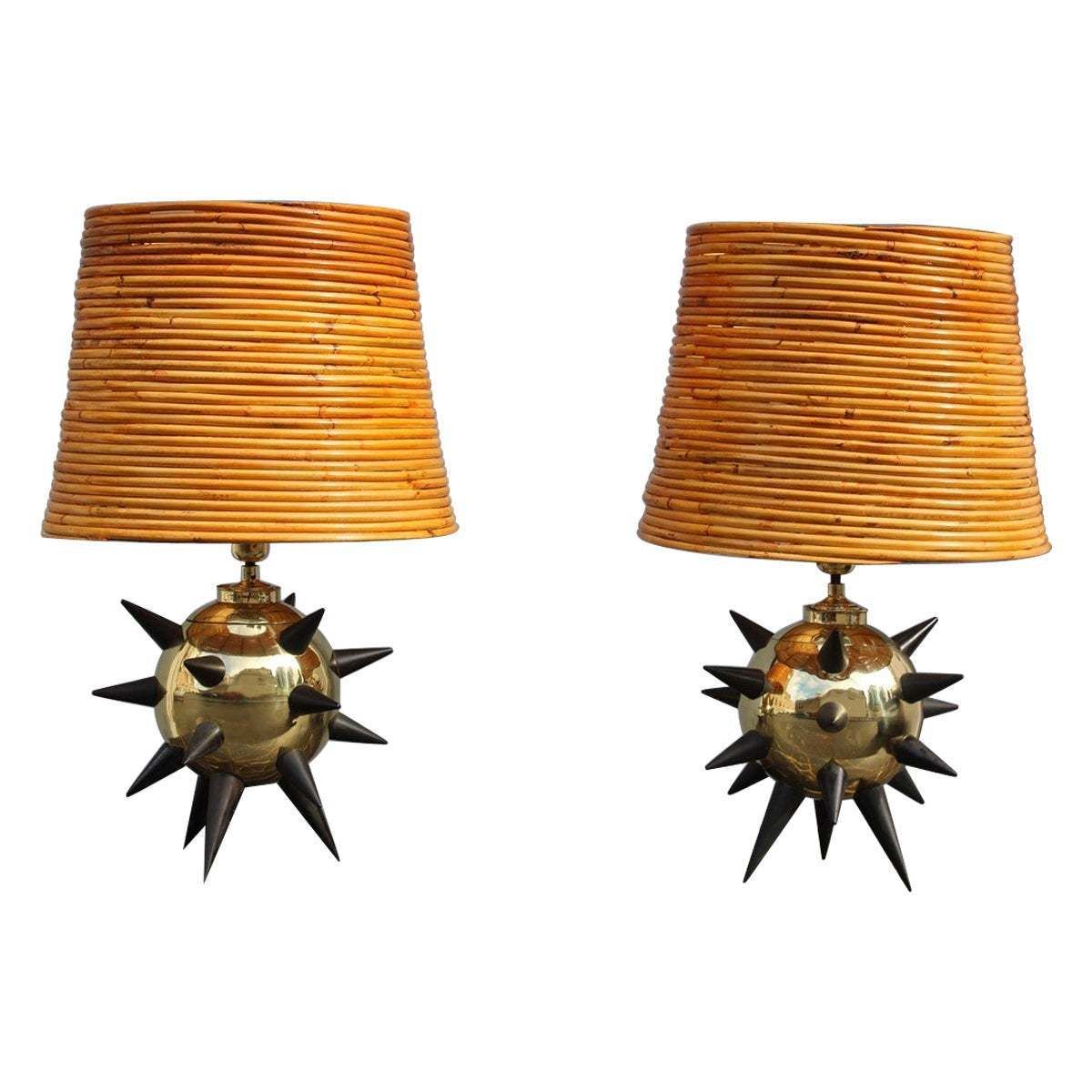 Extraordinary Pair Of Table Lamps With Central Mina Dome In Bamboo 1950s Sputnik