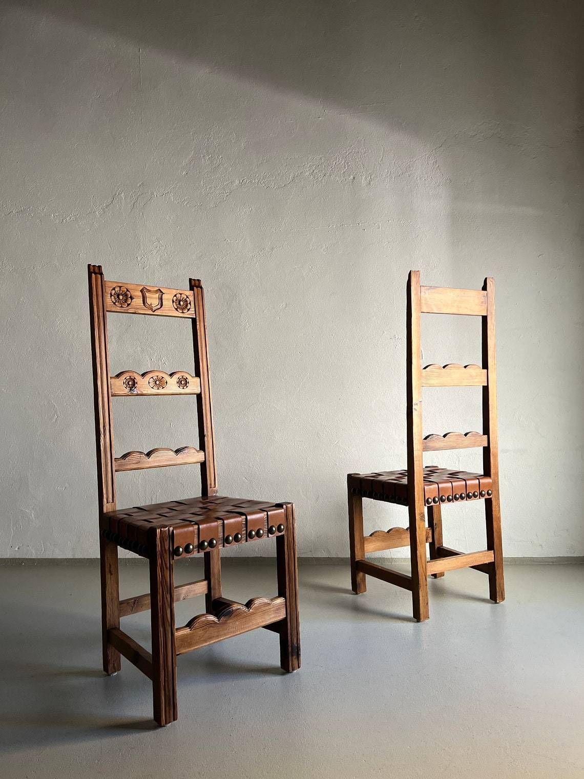 2 Brutalist Leather Seat Chairs / Carved Oak / Vintage photo furniture
