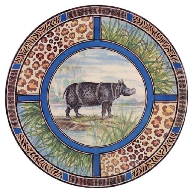 Gien, France, Large Savane Porcelain Dish With Hand Painted Rhinoceros