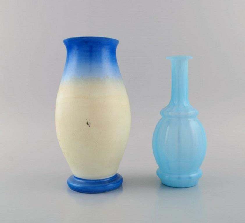 Three Antique Vases In Hand Painted Mouth Blown Opal Art Glass In Shades Of Blue photo Home Decor