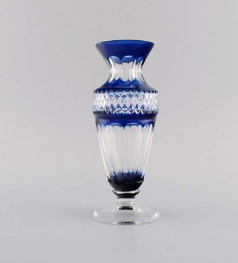 Bohemian Glass Vase In Clear And Blue Art Glass, Classic Style, Mid 20th C photo for sale