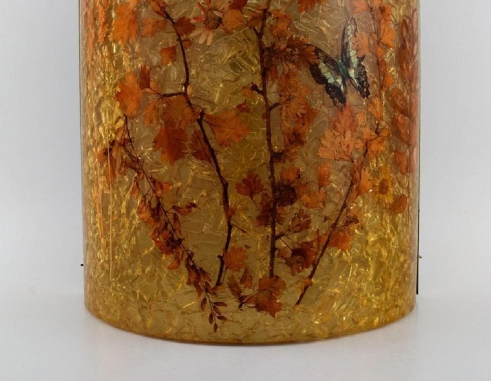 Large Wall Lamp In Curved Art Glass With Hand Painted Butterflies And Foliage photo for sale