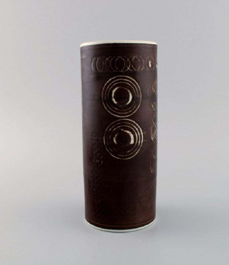 Olle Alberius For Rörstrand. Cylindrical Sarek Vase In Hand Painted Ceramics. photo for sale