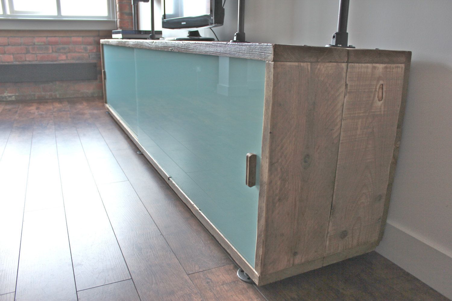 Simeon Reclaimed Scaffolding Board Storage Unit With Painted Glass Sliding Doors And Dark Steel Supported Shelving photo furniture