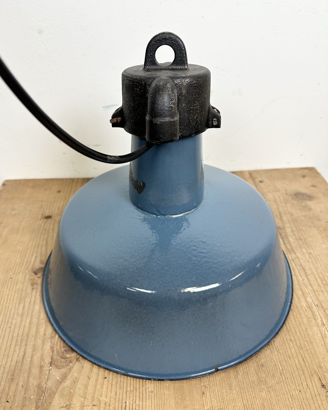 Lighting Industrial Blue Enamel Factory Lamp With Cast Iron Top, 1960s, 4x photo