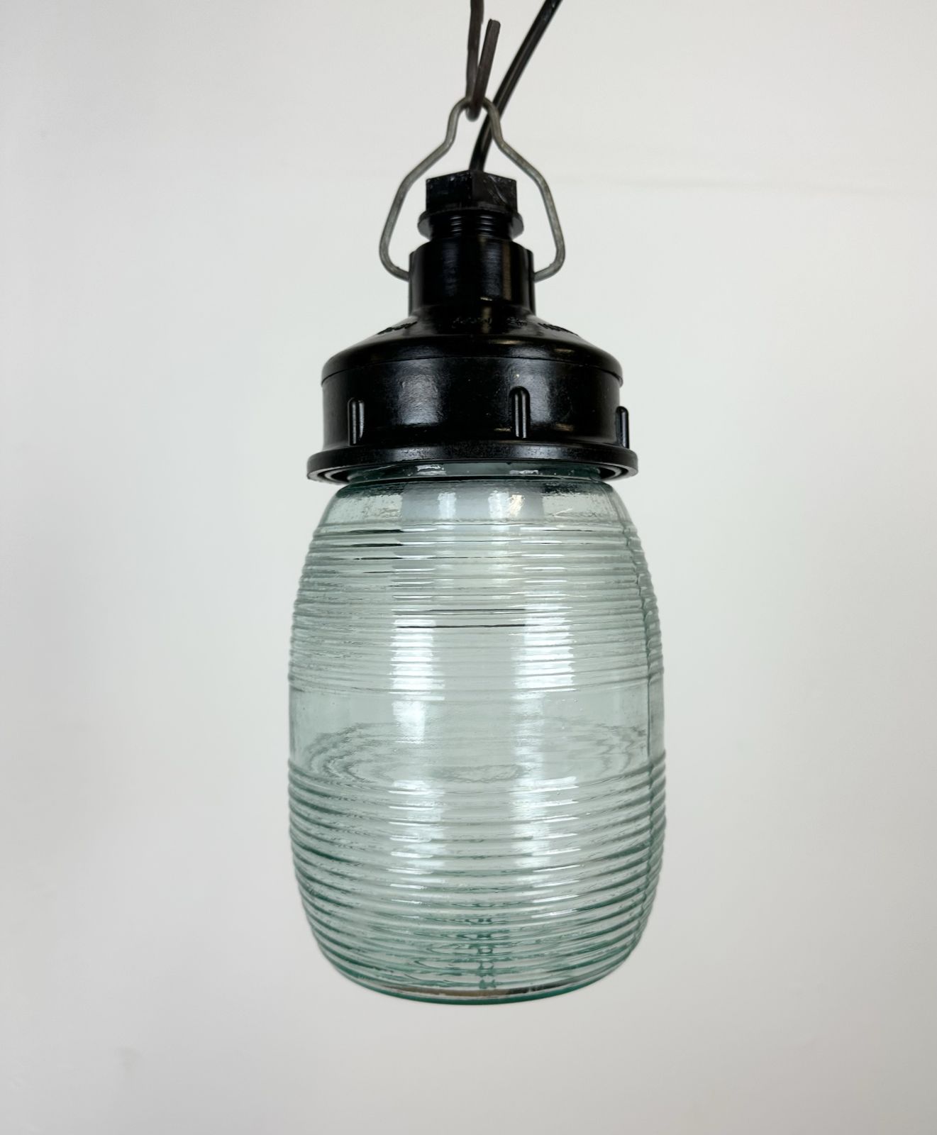 Industrial Bakelite Pendant Light With Ribbed Glass, 1970s photo furniture