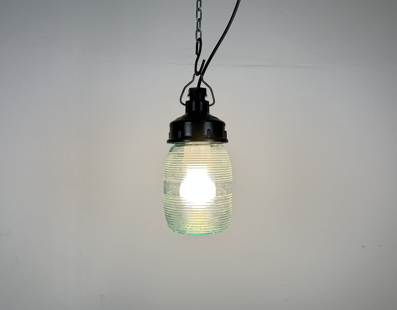 Industrial Bakelite Pendant Light With Ribbed Glass, 1970s photo buy