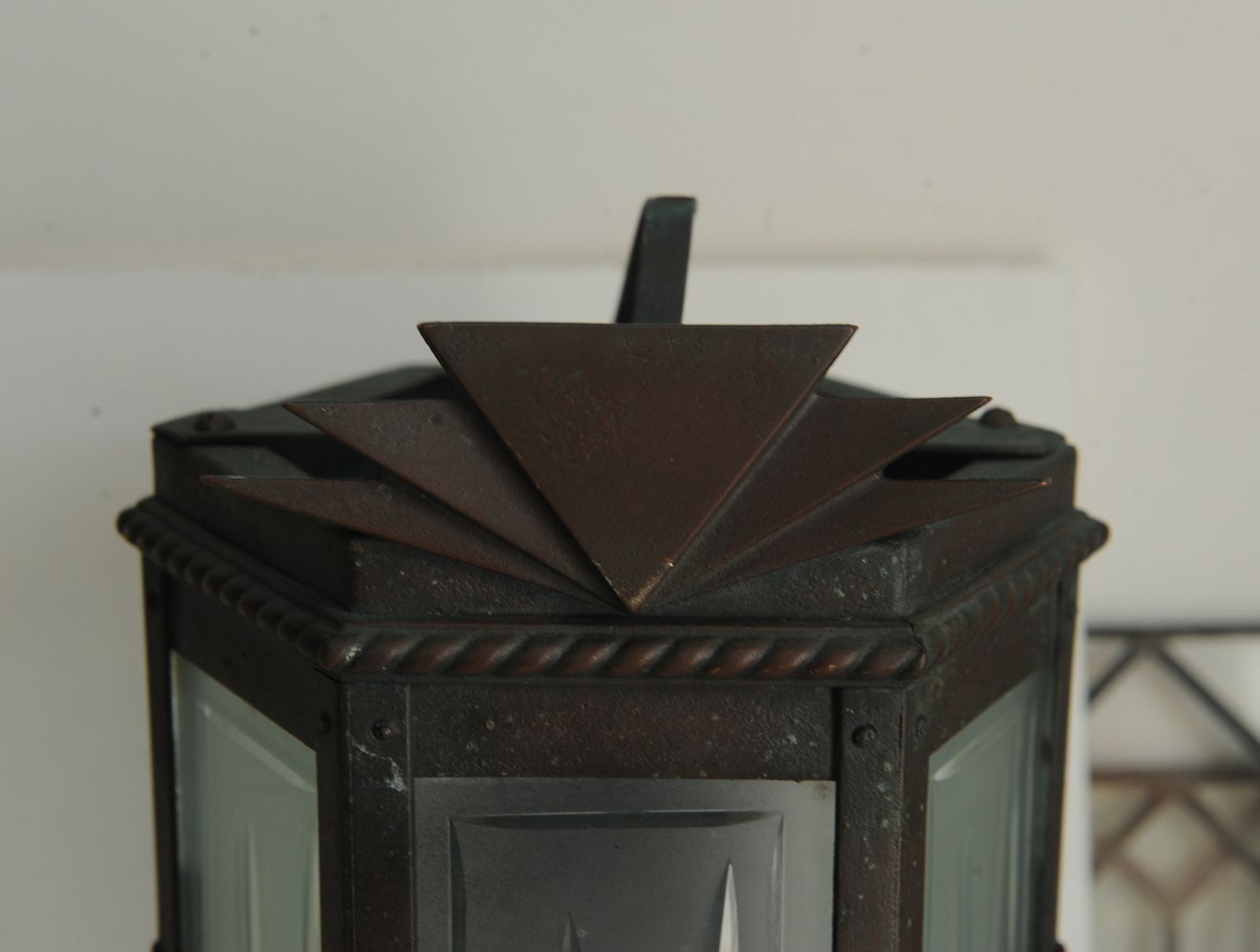 Art Deco Wall Sconce With Graduated Geometric Detailing & Frosted Panes Of Etched Glass 1920s Ol photo for sale