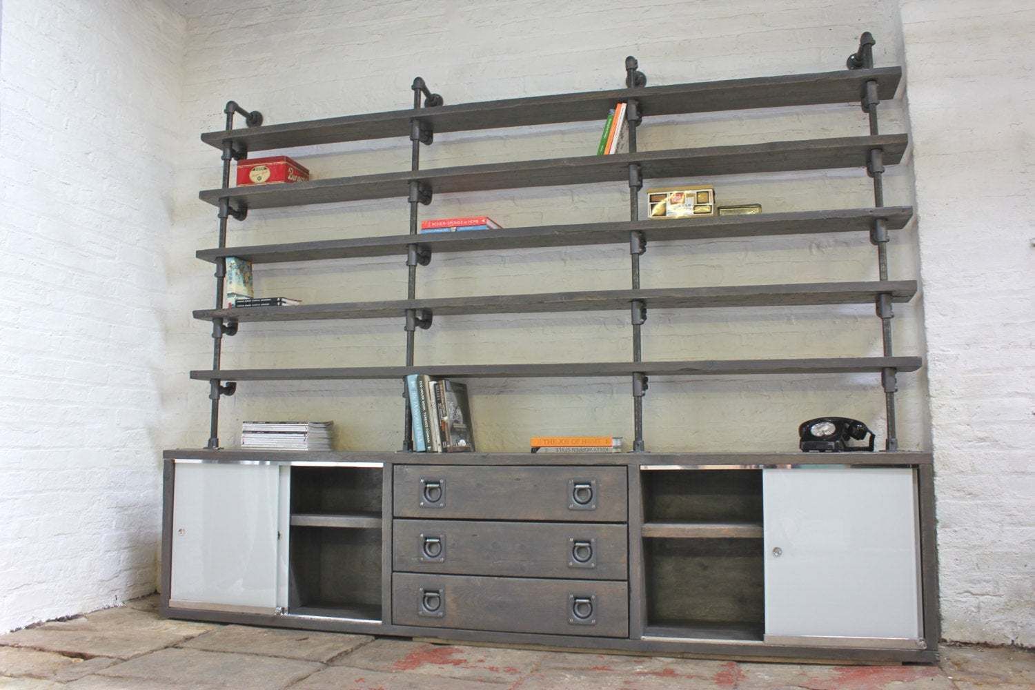 Luigi Reclaimed Grey Washed Scaffolding Board Cupboard/Drawer Unit With Painted Glass Sliding Doors And Dark Steel Pipe Supported Shelving