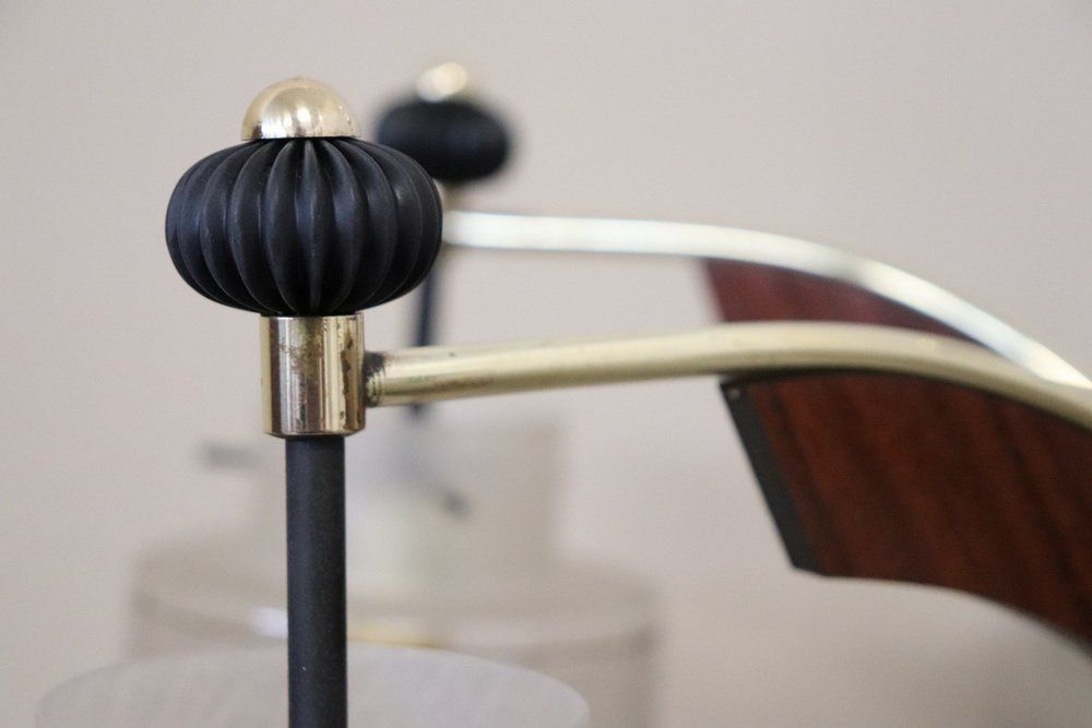 Mid Century Italian Glass Bowls Wood Brass And Black Lacquered Metal Chandelier 1950s photo buy