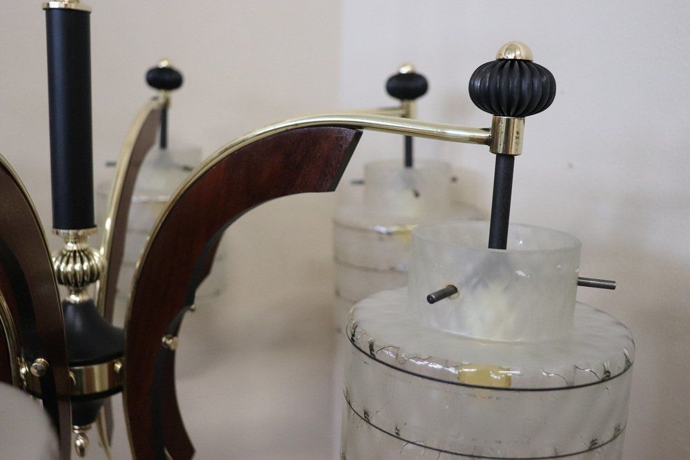 Mid Century Italian Glass Bowls Wood Brass And Black Lacquered Metal Chandelier 1950s photo vintage