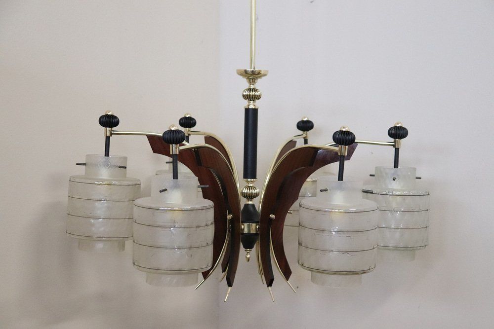 Lighting Mid Century Italian Glass Bowls Wood Brass And Black Lacquered Metal Chandelier 1950s photo