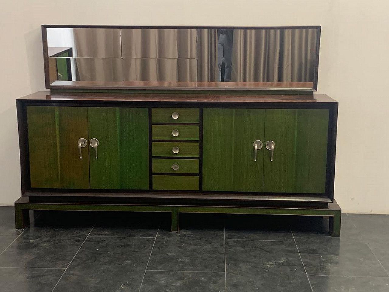 Credenza With Mirror In Rosewood & Maple With Green Aniline Futurist Handles, 1930s, Set Of 2 photo furniture