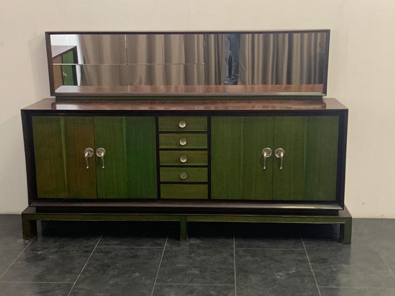 Credenza With Mirror In Rosewood & Maple With Green Aniline Futurist Handles, 1930s, Set Of 2 photo for sale