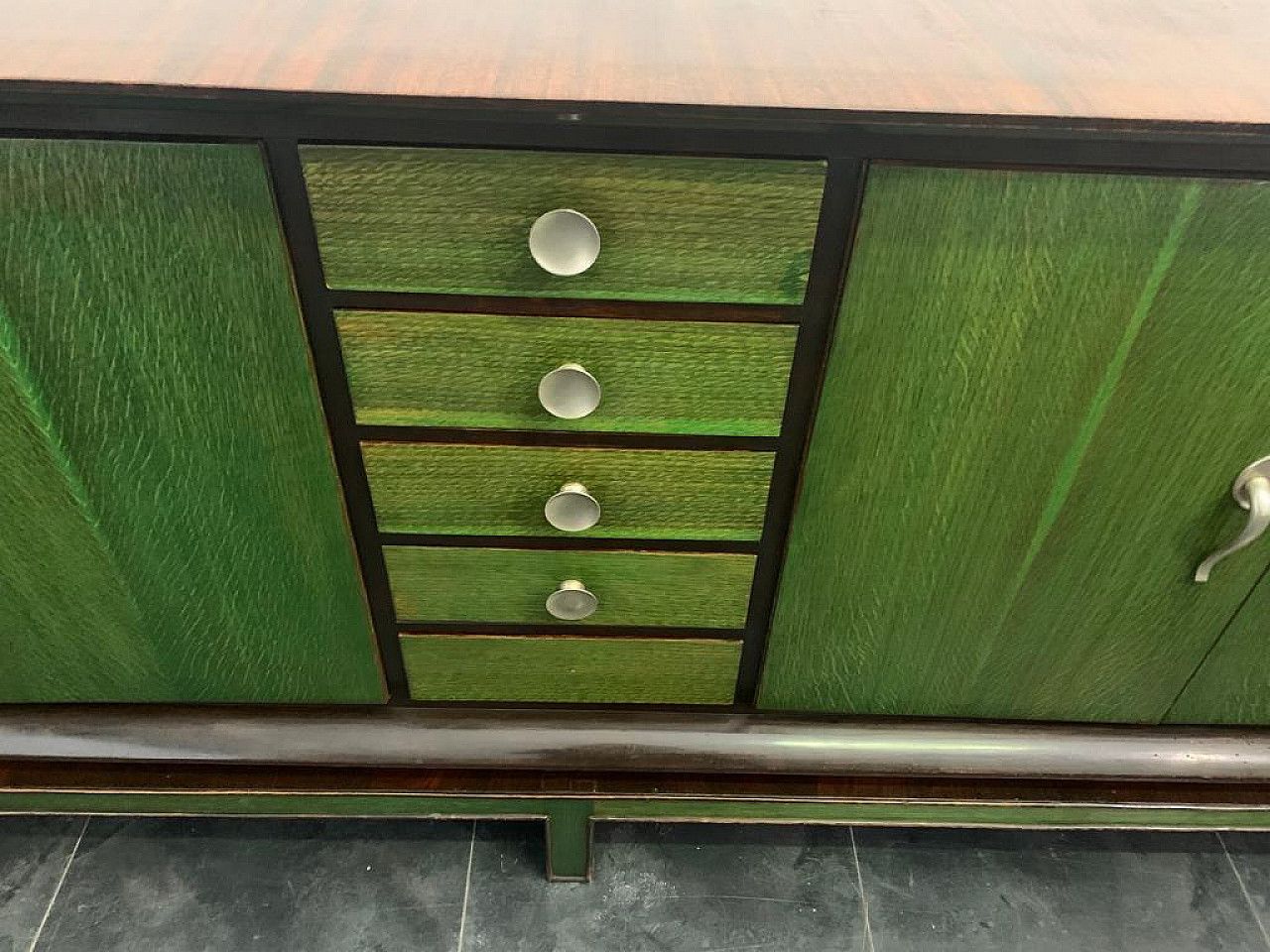 Credenza With Mirror In Rosewood & Maple With Green Aniline Futurist Handles, 1930s, Set Of 2 photo vintage
