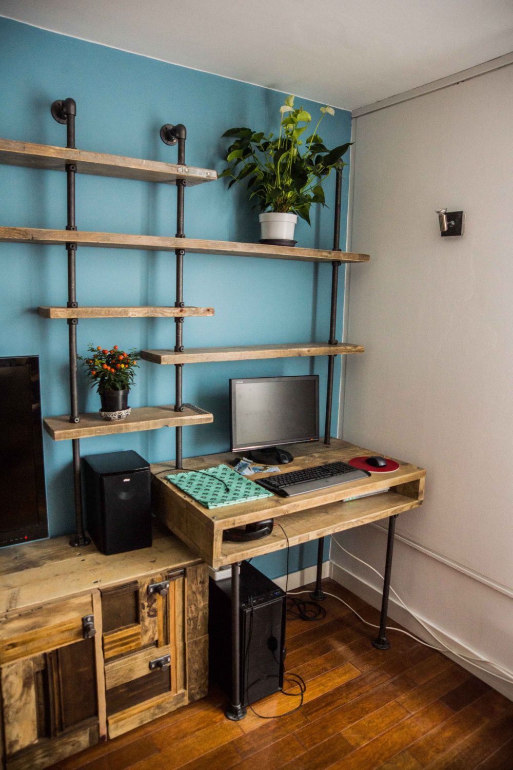 Aurelie Industrial Reclaimed Scaffolding Board And Dark Steel Pipe Multi Media And Shelving Unit   Bespoke Systems photo for sale