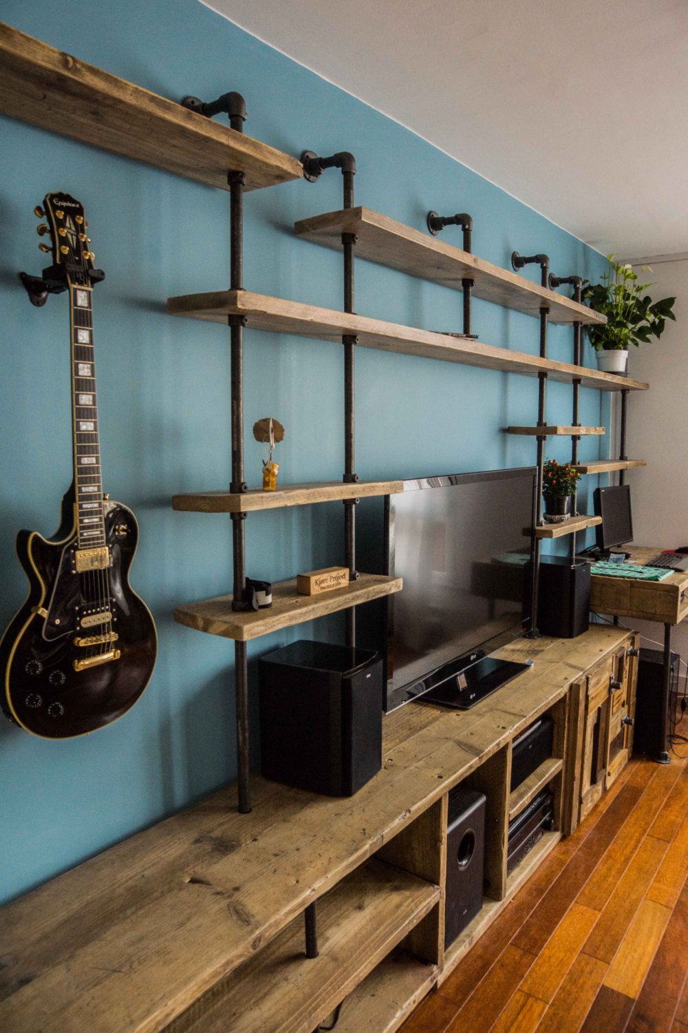 Aurelie Industrial Reclaimed Scaffolding Board And Dark Steel Pipe Multi Media And Shelving Unit   Bespoke Systems photo 6000.0