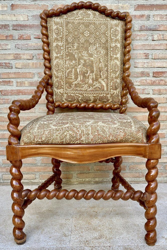 Antique Louis XIV Style Hand Carved Armchair In Walnut And Cherry, 1890s