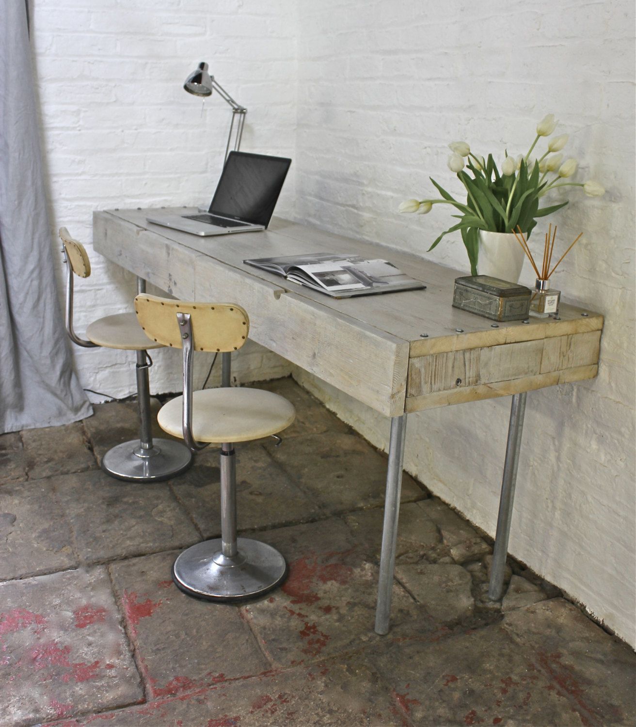 Dorothy White Washed Reclaimed Scaffolding Board Urban Industrial Chic Long Desk With Built In Storage Drawers And Galvanised Steel Legs photo Furniture