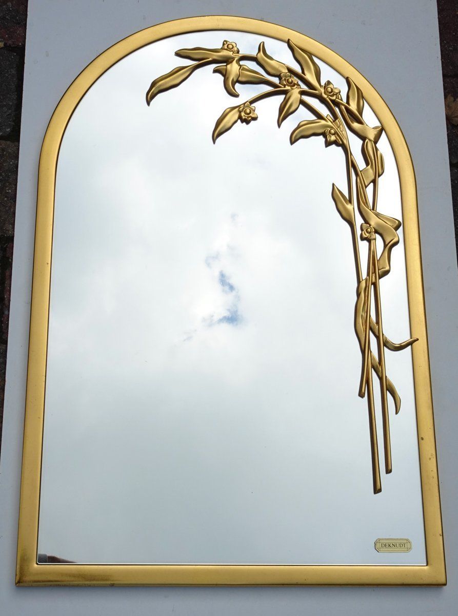 Round Gilt Wall Mirror Wiht Floral Design From Deknudt Belgium 1970s