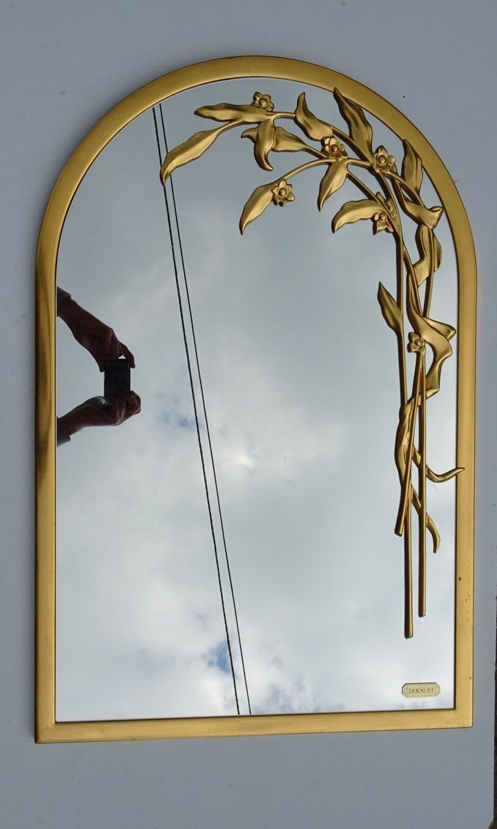 Home Decor Round Gilt Wall Mirror Wiht Floral Design From Deknudt Belgium 1970s photo