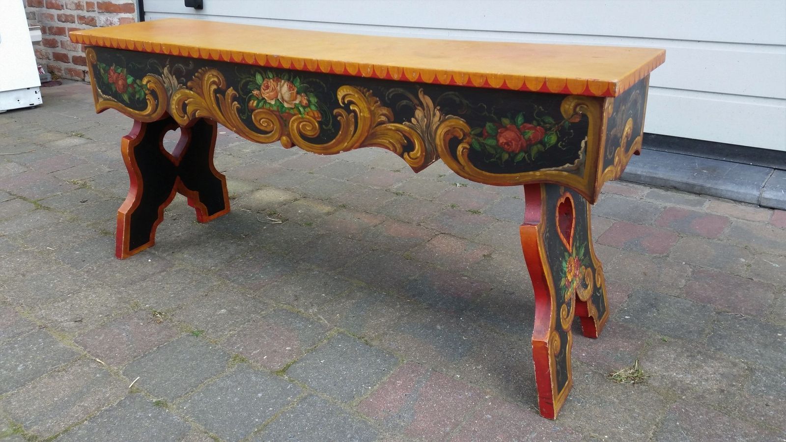 French Hand Painted Wooden Bench By R. Jaeg 1961 photo 531.96