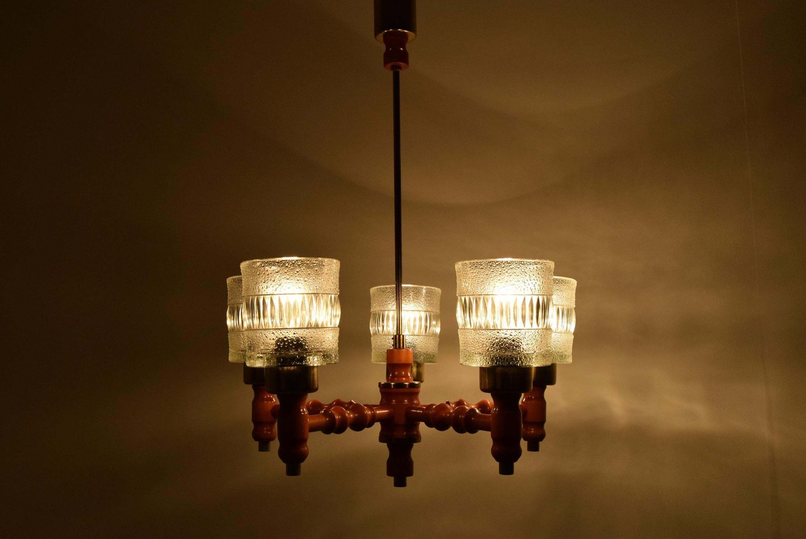 Mid Century Wood Chandelier By Instala Jilove U Decina,1960's. photo for sale