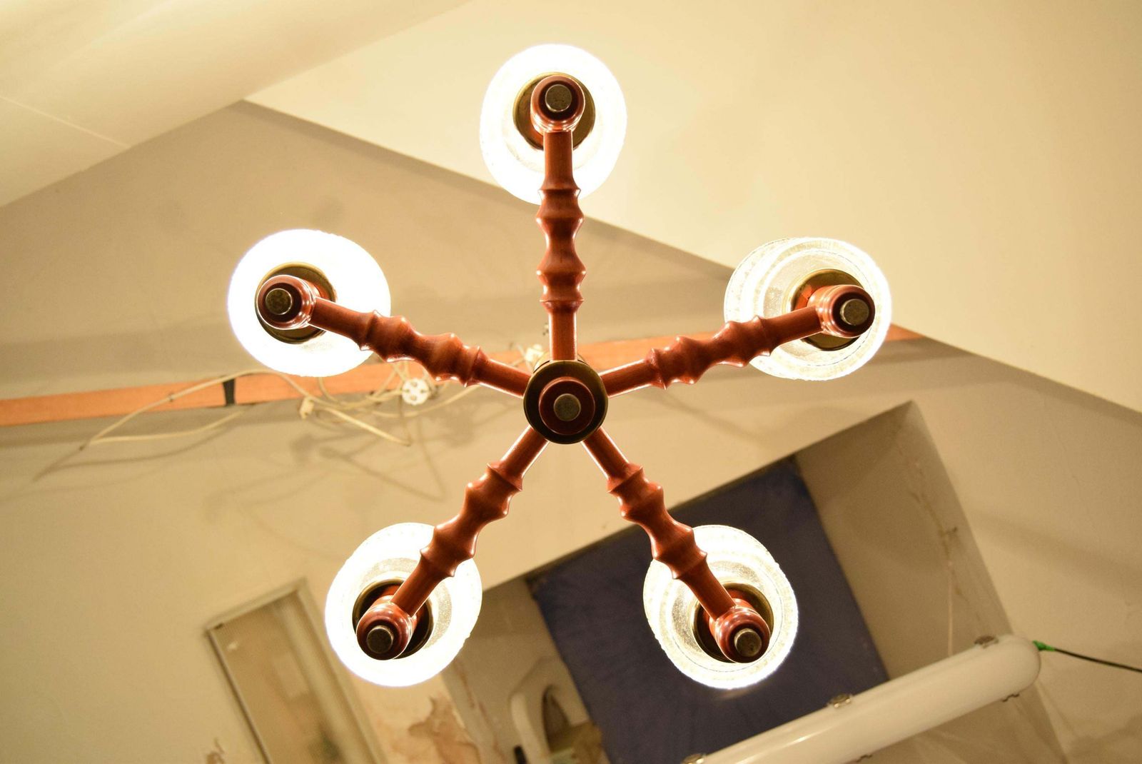 Lighting Mid Century Wood Chandelier By Instala Jilove U Decina,1960's. photo