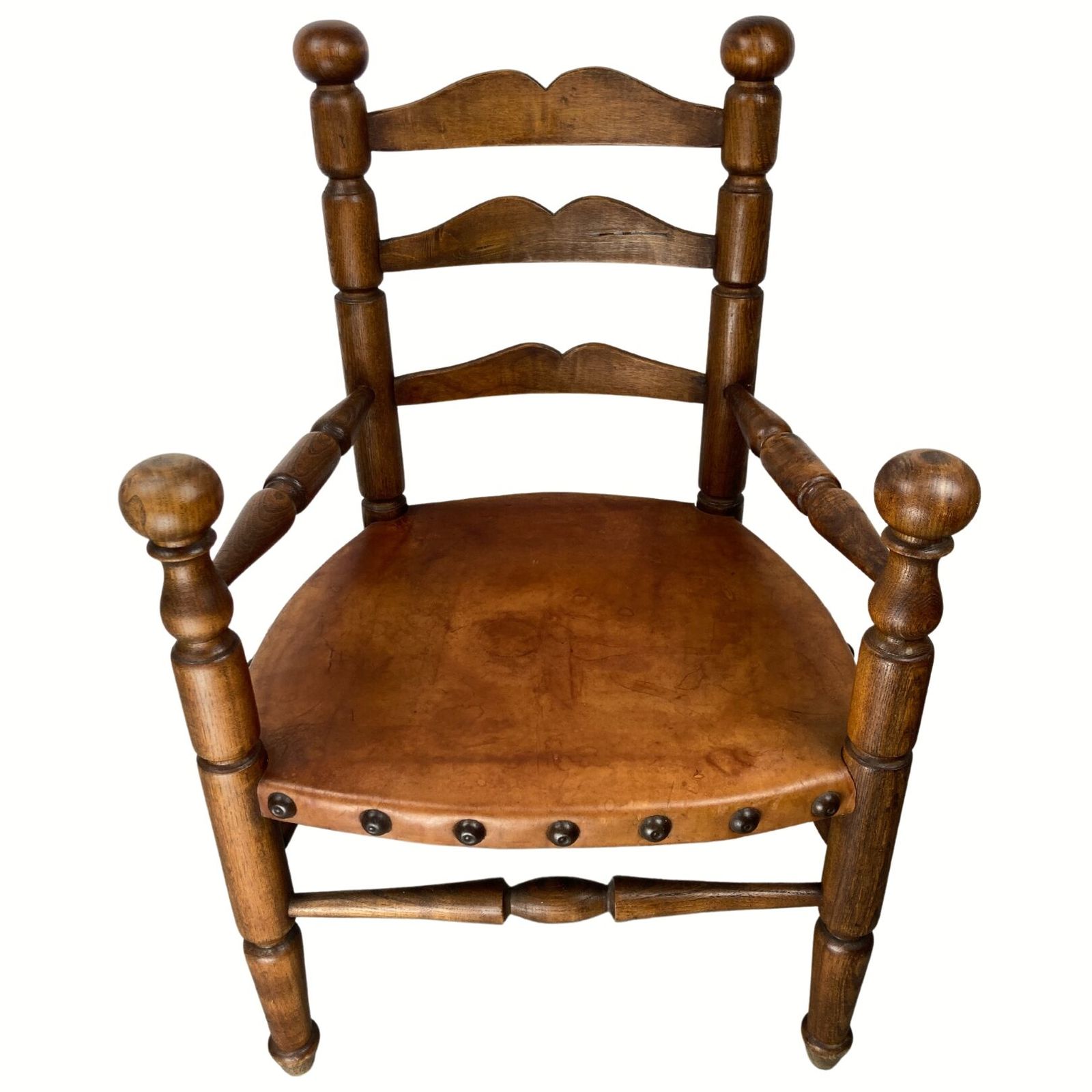 Rustic French Farm Chair, Leather Seat In The Manner Of Charles Dudouyt photo for sale